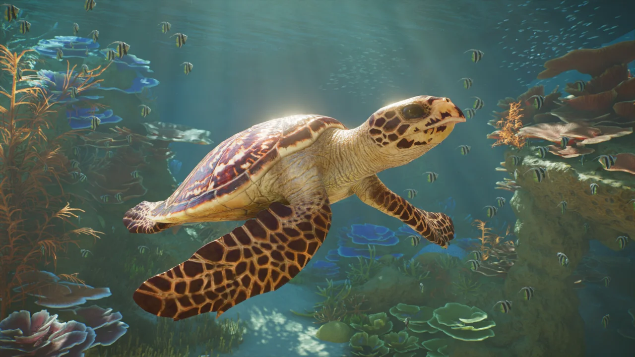 A sea turtle swimming through a planted aquarium with fish